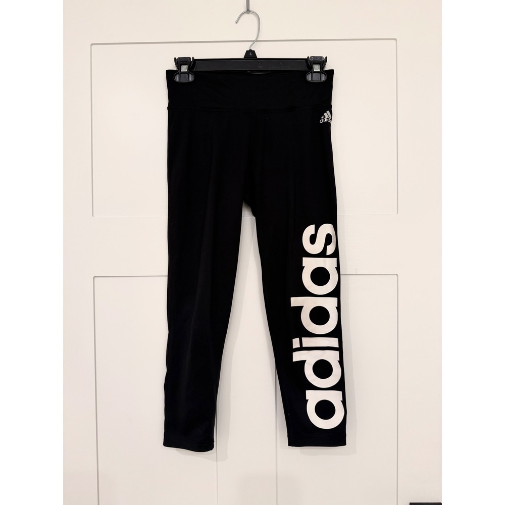 🌻3/$25 Adidas Climalite Women Black Cropped Leggings Big Logo Graphic Tights